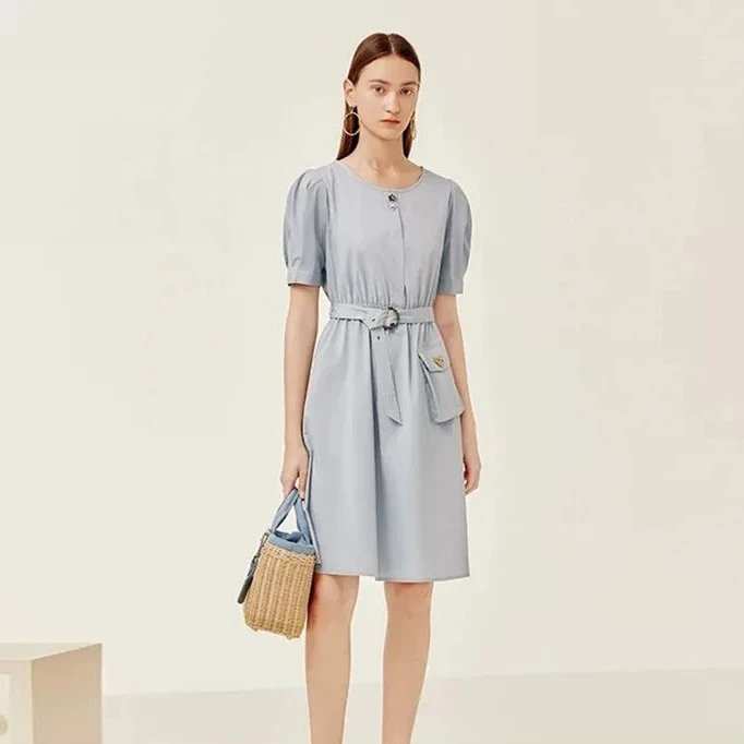 F555-【香】伍莎服饰云仓高腰纯色圆领连衣裙#BXG56L045