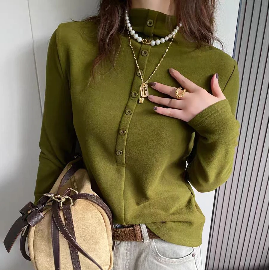 918款纽扣半高领打底衫宽松显瘦长袖T恤上衣潮