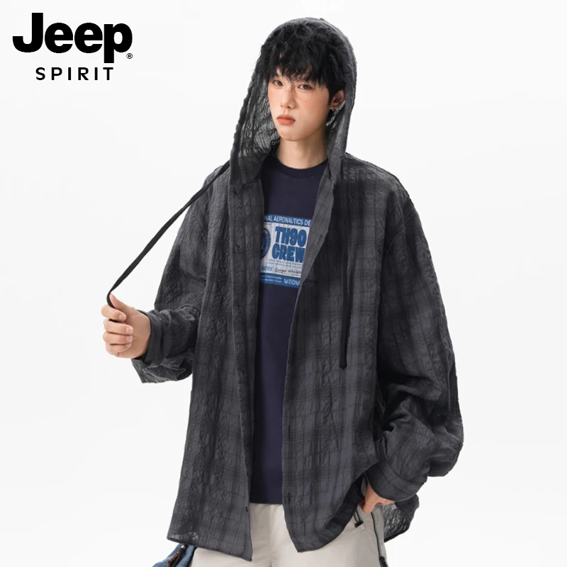 JEEPSPIRIT户外轻薄格子连帽衬衫外套男女2025夏新款宽松情侣长袖