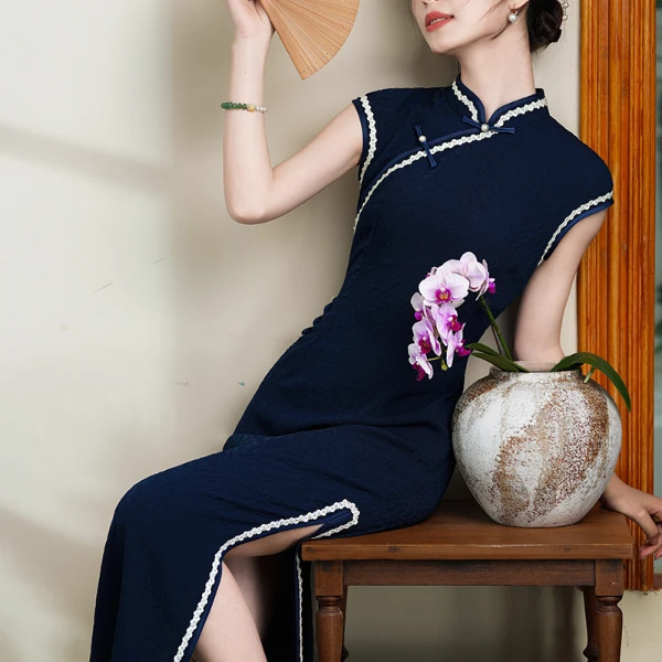 藏青旗袍复古气质连衣裙2025新款夏季长款新中式少女年轻款学生装