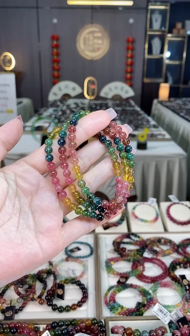 未镶嵌冰透体老矿碧玺彩虹三圈手串5mm+碧玺hon多样性发一条