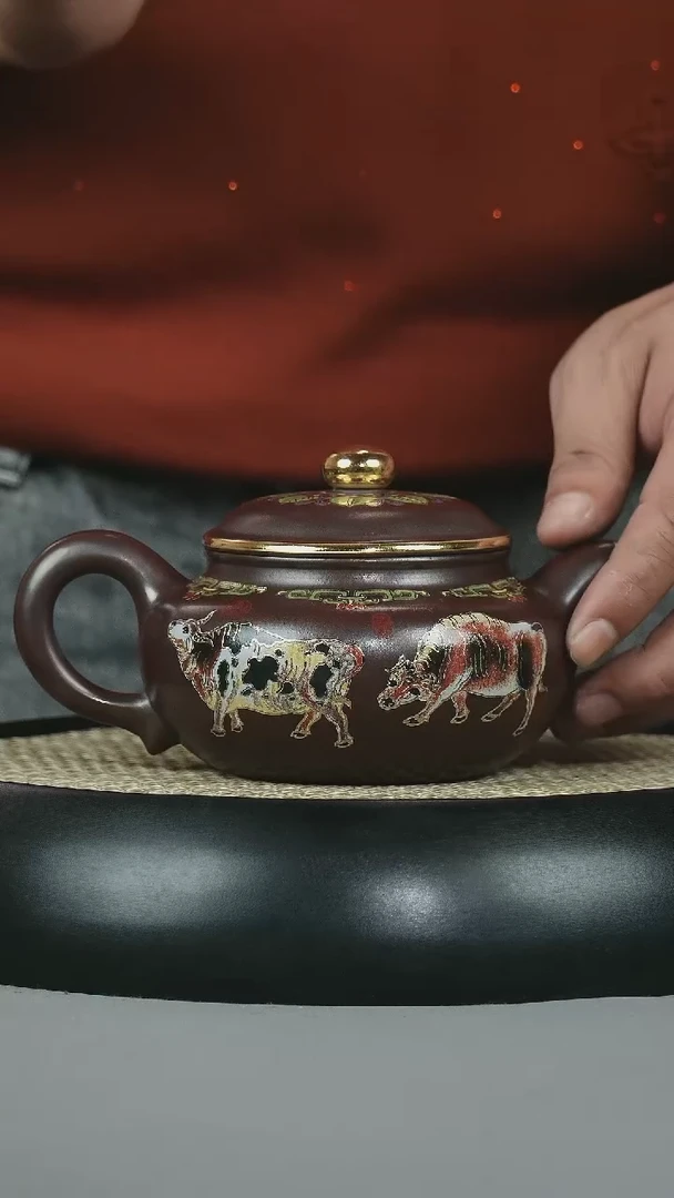 茶壶紫砂 原矿石红 仿古 五牛图