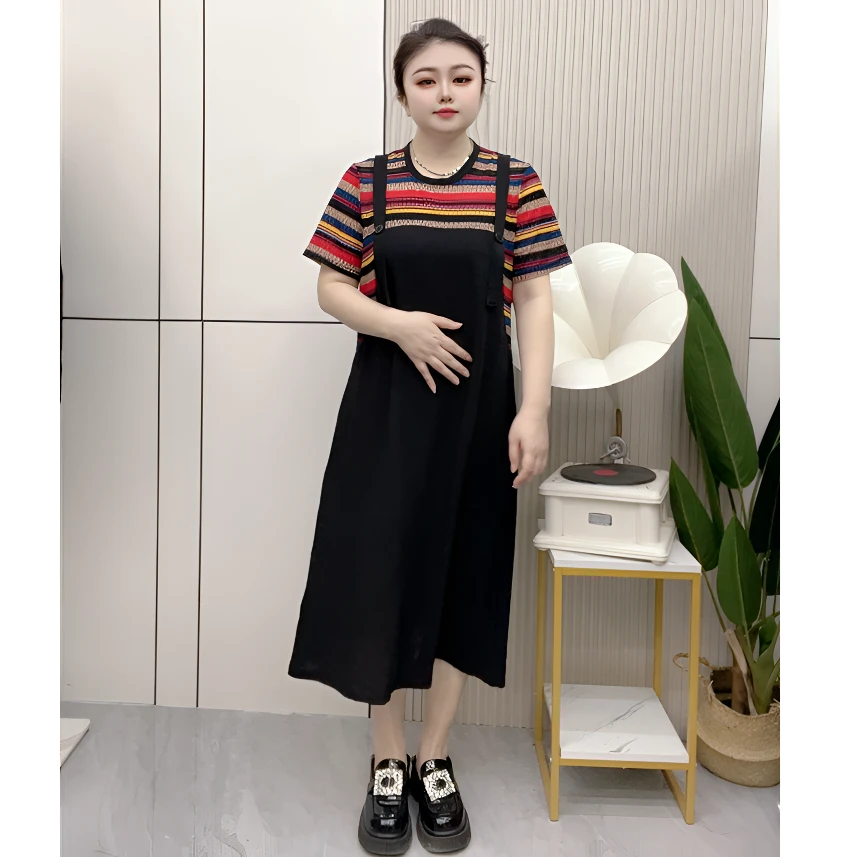 夏季大码连衣裙-韩版拼接条纹假两件显瘦短袖气质休闲时尚洋气