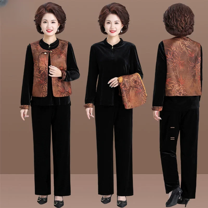 妈妈秋装洋气高贵套装2025新款国风马甲中老年女春秋金丝绒三件套