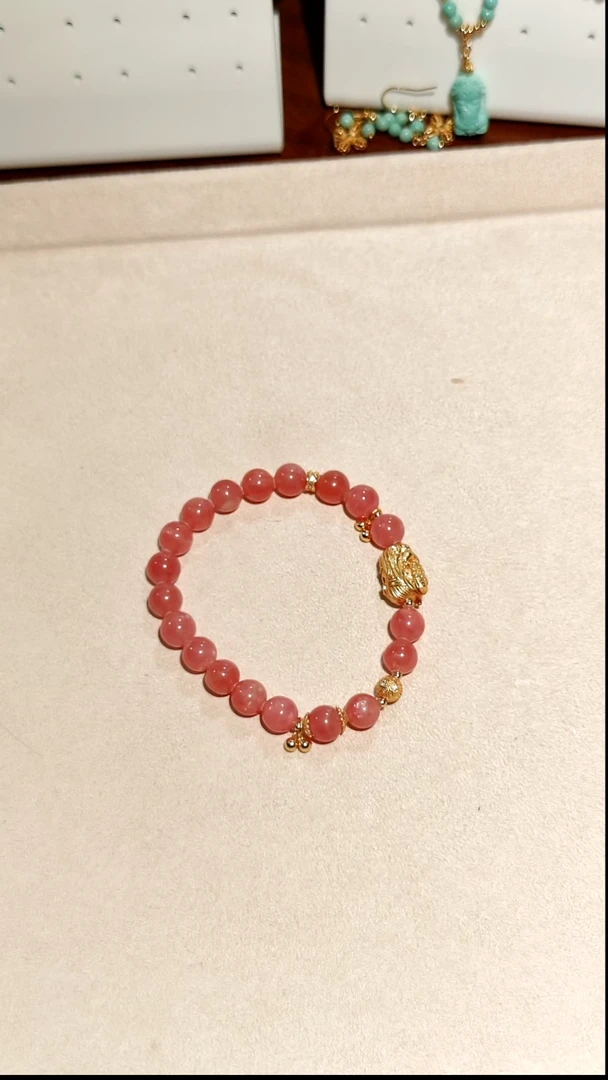 银S925镶嵌菱锰矿（红纹石）手链手链