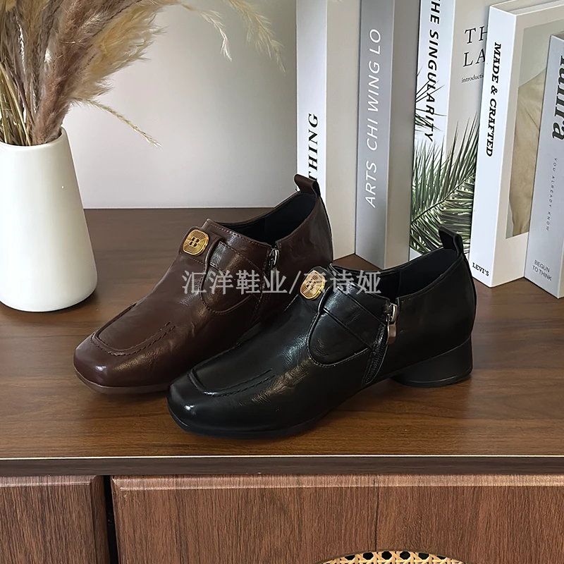 3cm/牛皮/复古方头小皮鞋百搭舒适软底软面粗跟单鞋0952