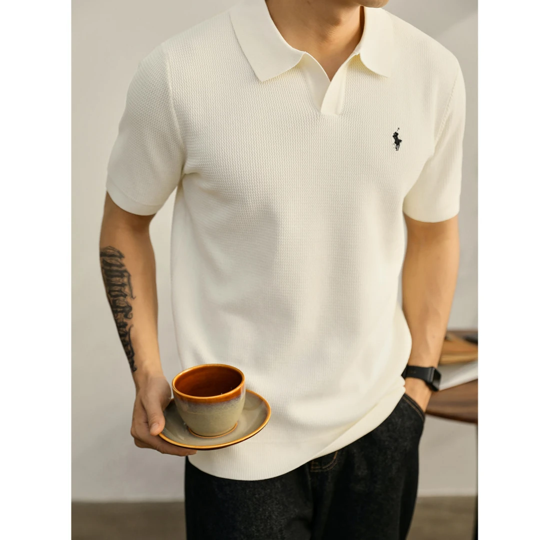 奥兰德保罗简约多色骑士刺绣翻领短袖男凉感冰丝海鸥领针织Polo衫