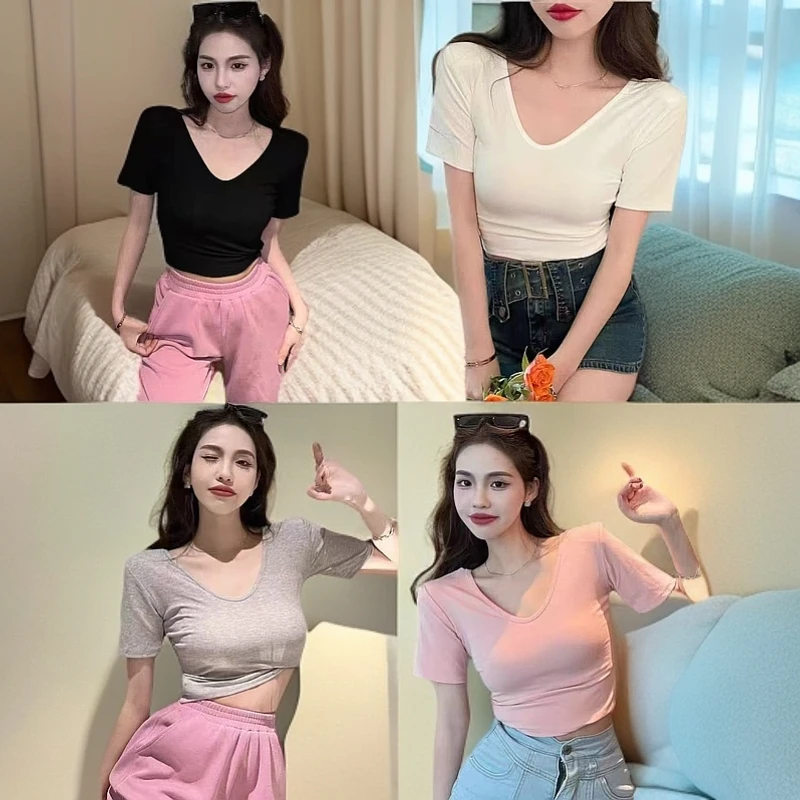 2025夏季辣妹气质韩版纯欲双面可穿修身显瘦百搭简约正肩短袖T恤