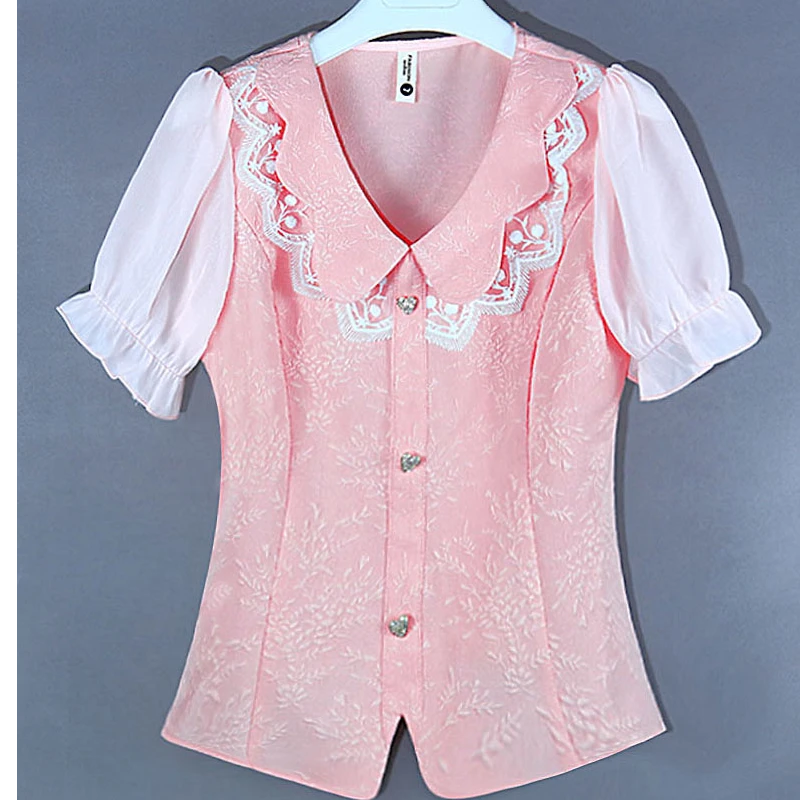 雪纺衫绣花小香风洋气小衫时尚甜美短袖气质夏季衬衫衬衣蕾丝上衣