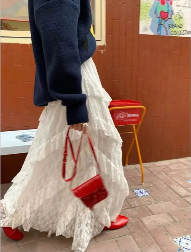 白色蕾丝半身裙女夏季2025新款高腰垂感a字半裙长裙不规则蛋糕裙