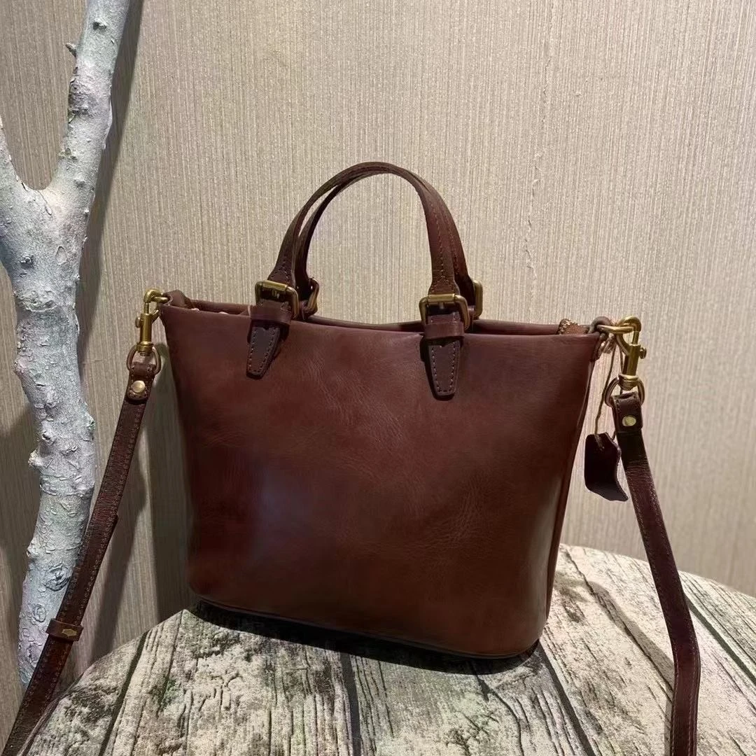 25夏复古水洗植鞣牛皮手提方包女纯色单肩斜挎横款托特包真皮通勤