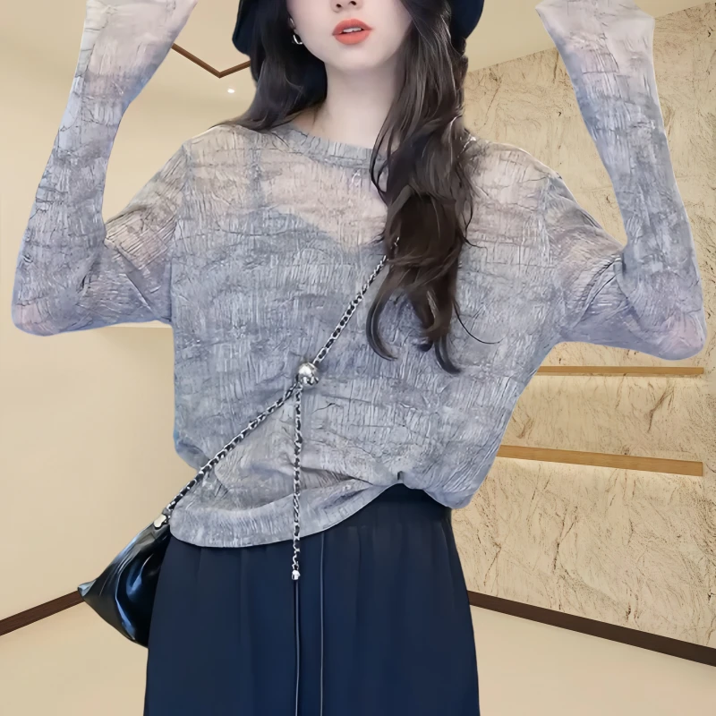 夏季抗皱百搭轻薄防晒T恤新款镂空复古银线宽松慵懒风气质上衣女