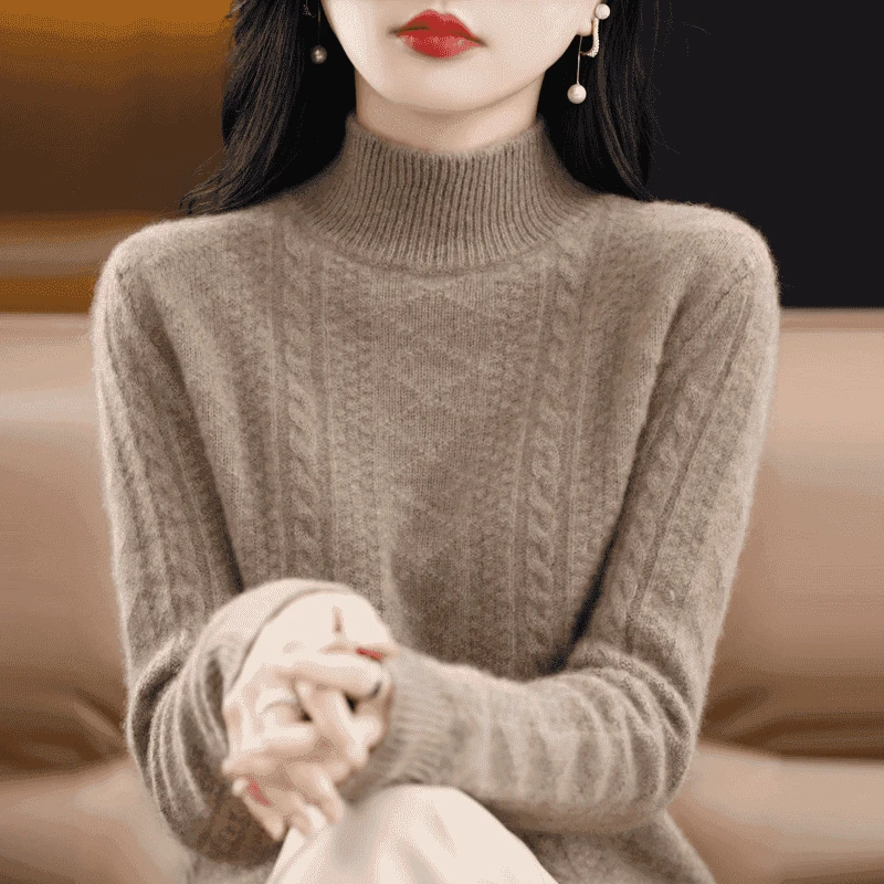 【重磅加厚】100%羊毛衫女半高领套头加厚新款提花针织打底衫D149