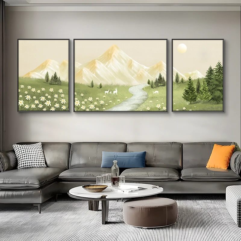 奶油风小清新装饰画发财金山客厅沙发背景墙三联画山水风景挂画