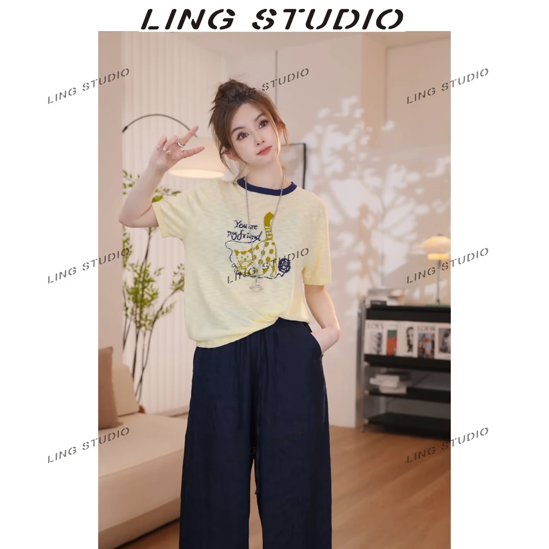 LING/STUDIO『捣蛋猫』 竹节麻2025夏季卡通提花针织短袖5040809
