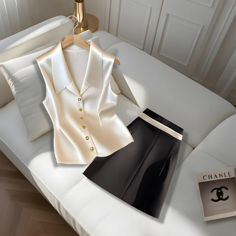 法式气质v领无袖缎面马甲背心女2025夏季时尚百搭黑色短裙两件套