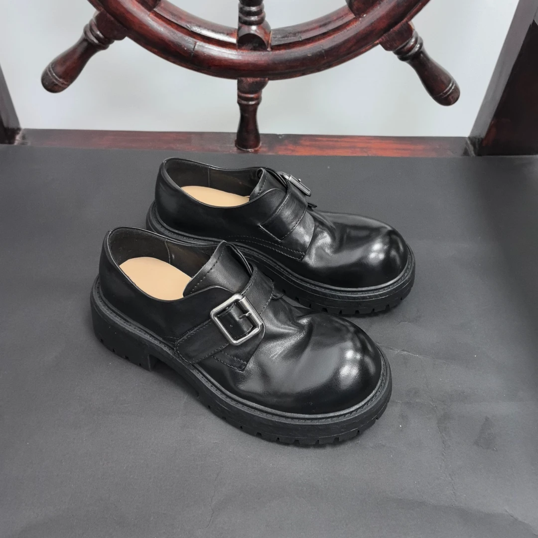 水洗马皮大头乐福鞋英伦风一脚蹬皮带扣粗跟厚底复古时尚小皮鞋女