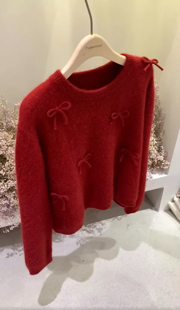 秋2025百搭针织网红大码女装胖mm红色蝴蝶结毛衣春洋气减龄上衣