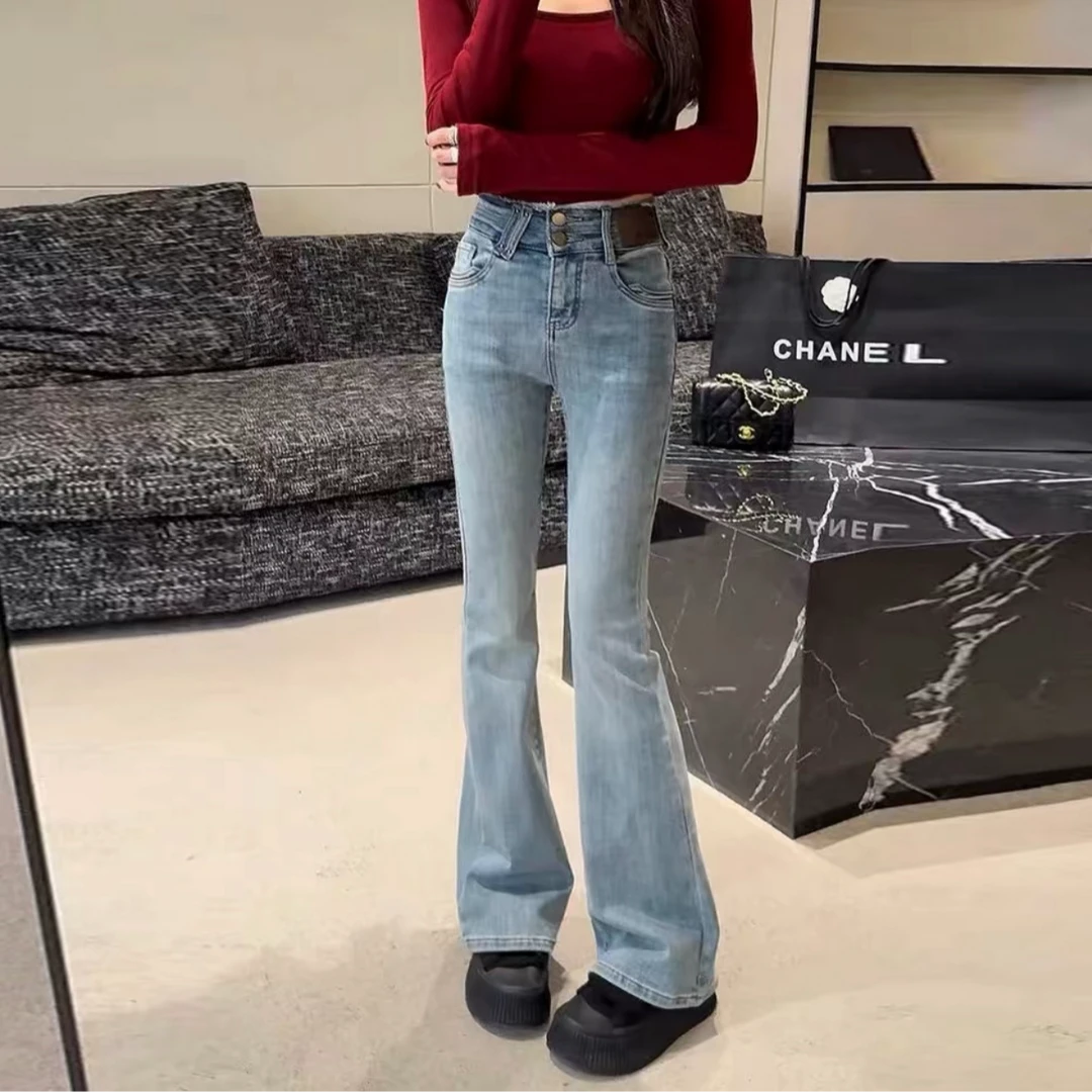 2025早春新款高腰贴标微喇叭显瘦修身牛仔喇叭裤裤子9118牛仔裤