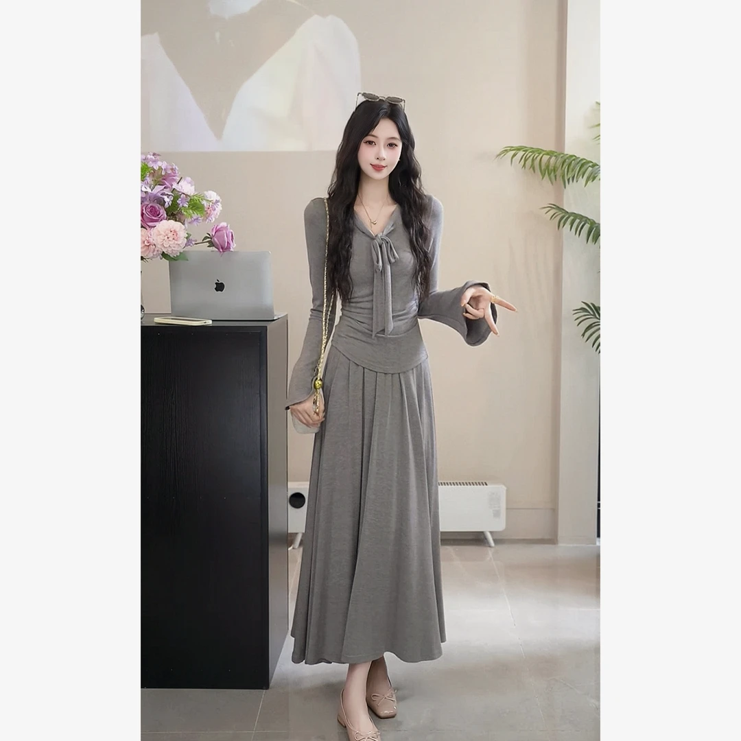 YUANLIANSU/圆脸酥【明月几篇】法式绑带蝴蝶结上衣+半身裙两件套女