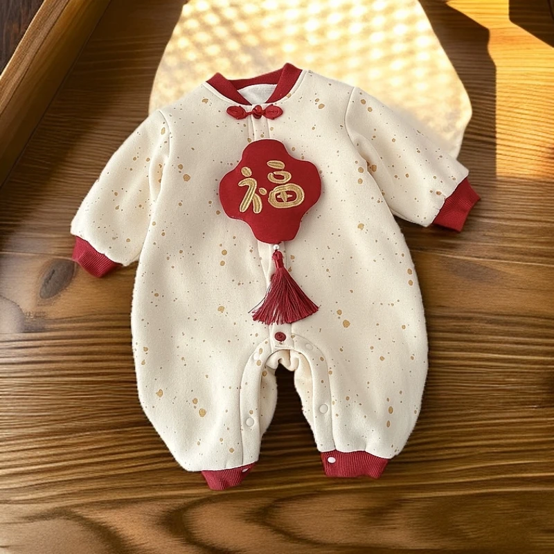 0-2岁婴儿拜年服冬季女宝宝撞色龙年加绒连体衣婴儿斜襟过年衣服