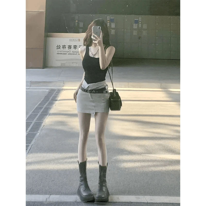 2025夏季新款修身显瘦无袖上衣气质时尚设计感辣妹收腰A字半身裙
