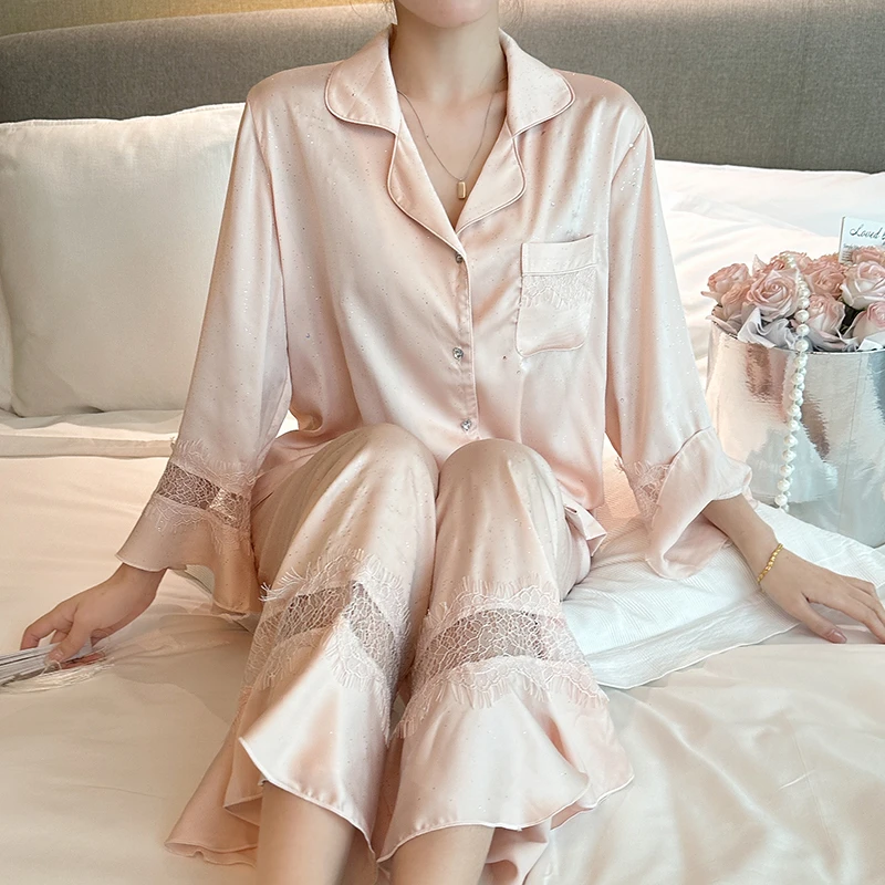 冰丝性感镂空蝴蝶睡衣女春秋薄款宽松大码长袖蕾丝边家居服套装女