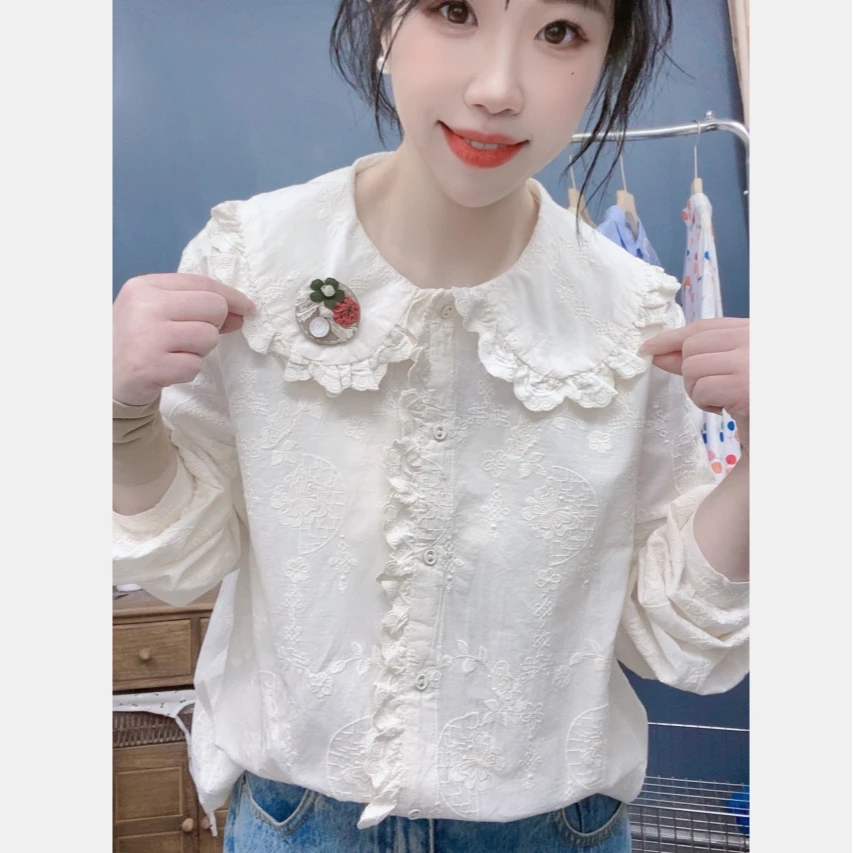 长袖衬衣不褪色衬衫娃娃领小众春装白色设计感百搭宽松衬衣甜美