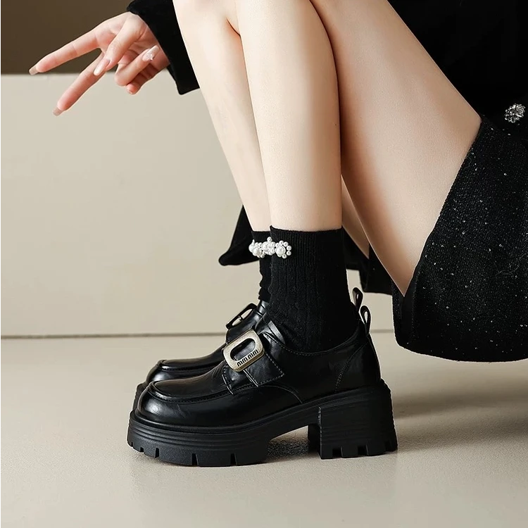 CHIHE炽禾新款厚底小皮鞋复古洋气圆头新款粗跟松糕单鞋乐福鞋女