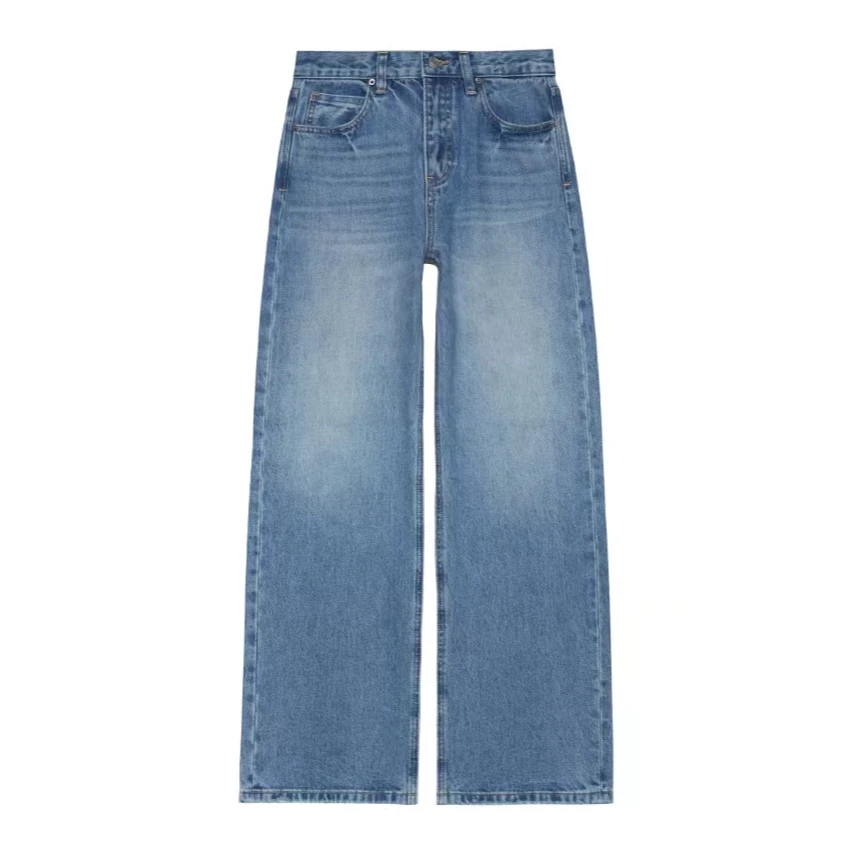 大牌同款休闲浅蓝土耳其浆纱水洗宽松宽身定制中高腰牛仔直筒裤女