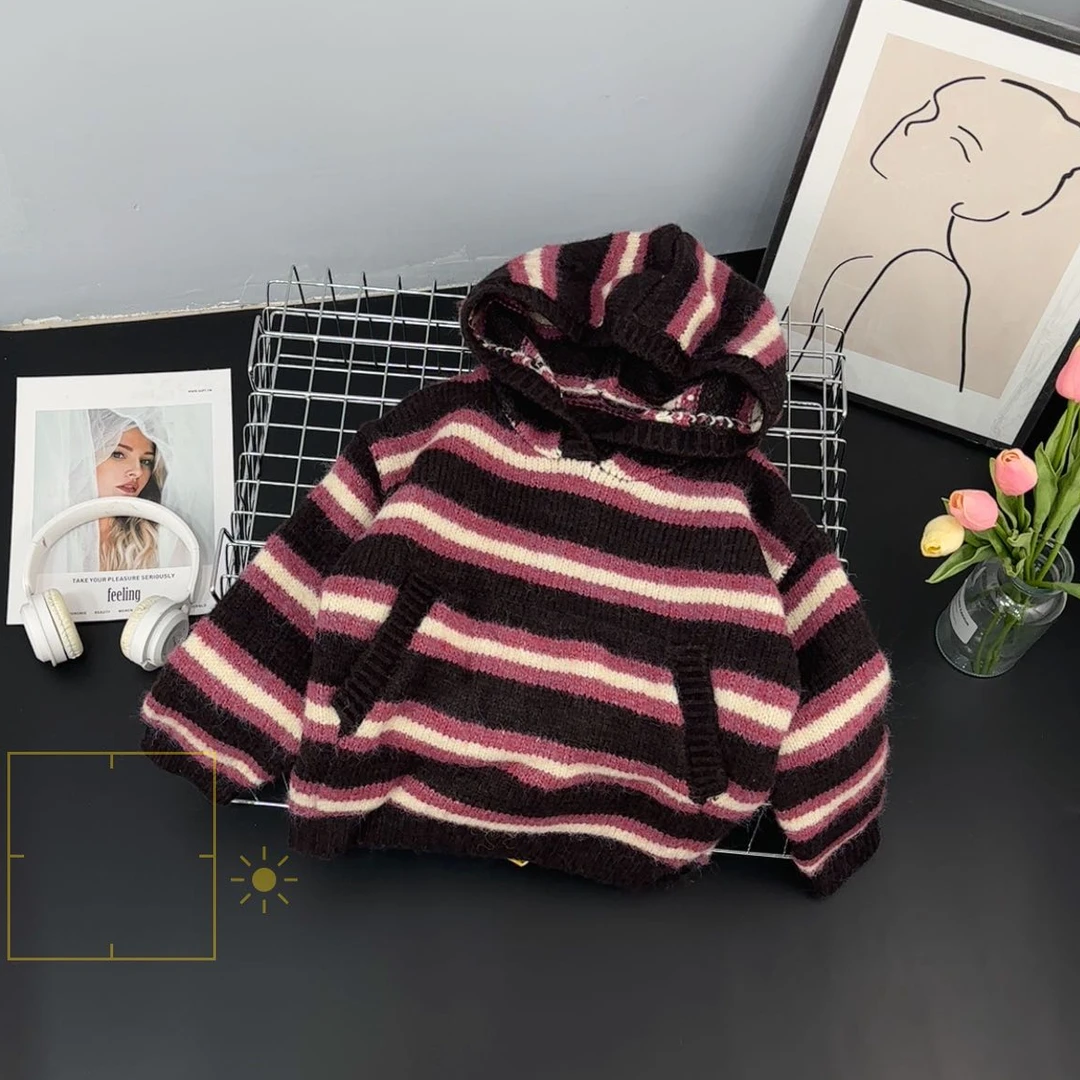 10611高端专享冬款条纹连帽毛衣莓红色