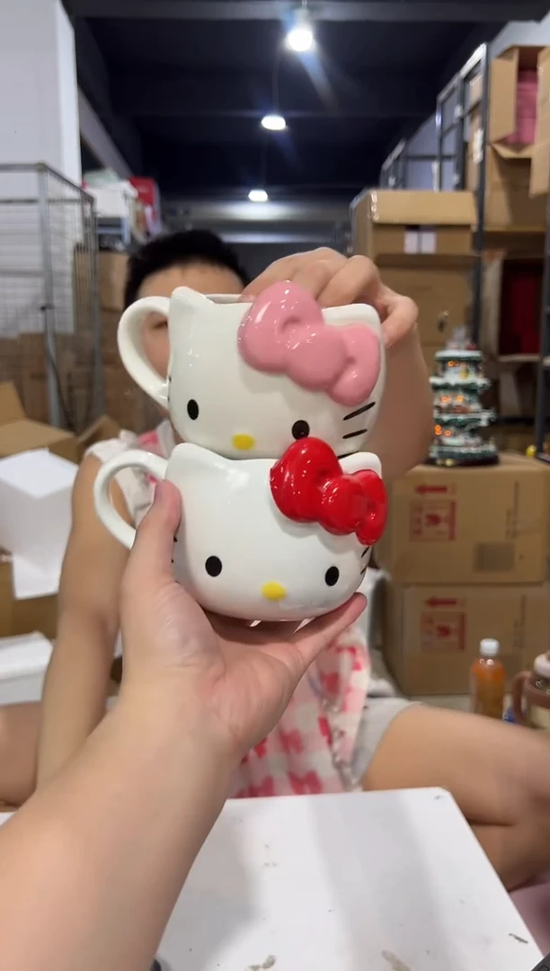 瓷片大号红色加粉色kt头杯2件套