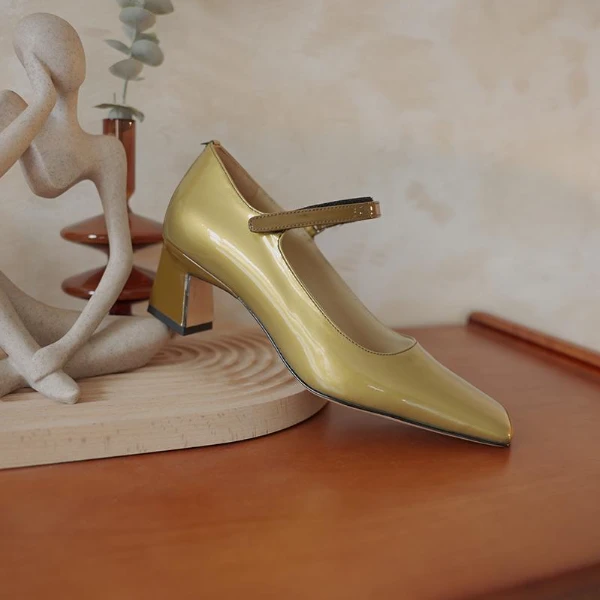 Tinker 中古vintage 方头金色复古单鞋女粗跟 浅口玛丽珍鞋牛漆皮