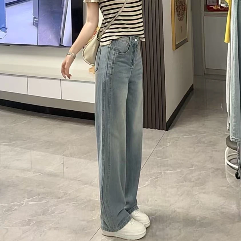牙~窄版直筒牛仔裤女薄款显瘦直筒垂感拖地裤子02款流行网红女款
