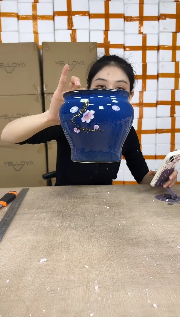 缸型深蓝花釉勾花13x13