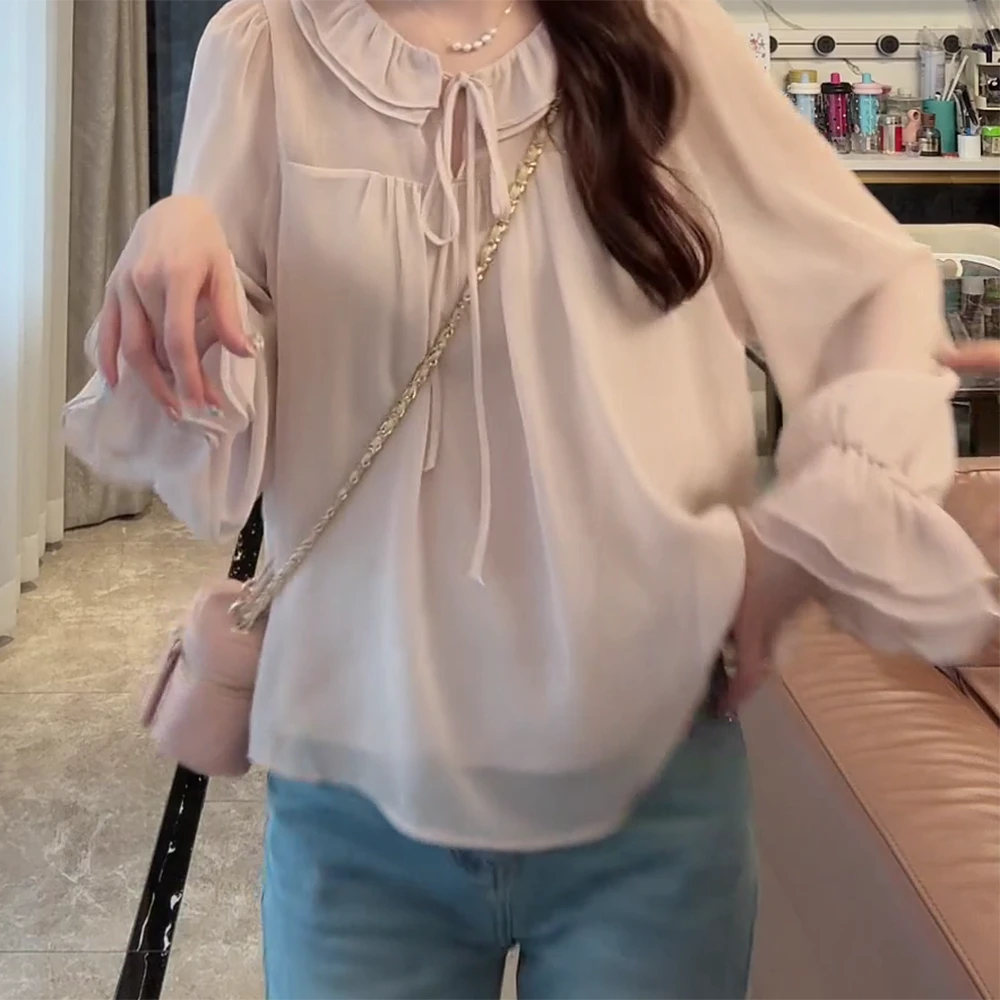 2025新款显瘦百搭上衣尤加利~夏季荷叶领系带小衫上衣长袖百搭