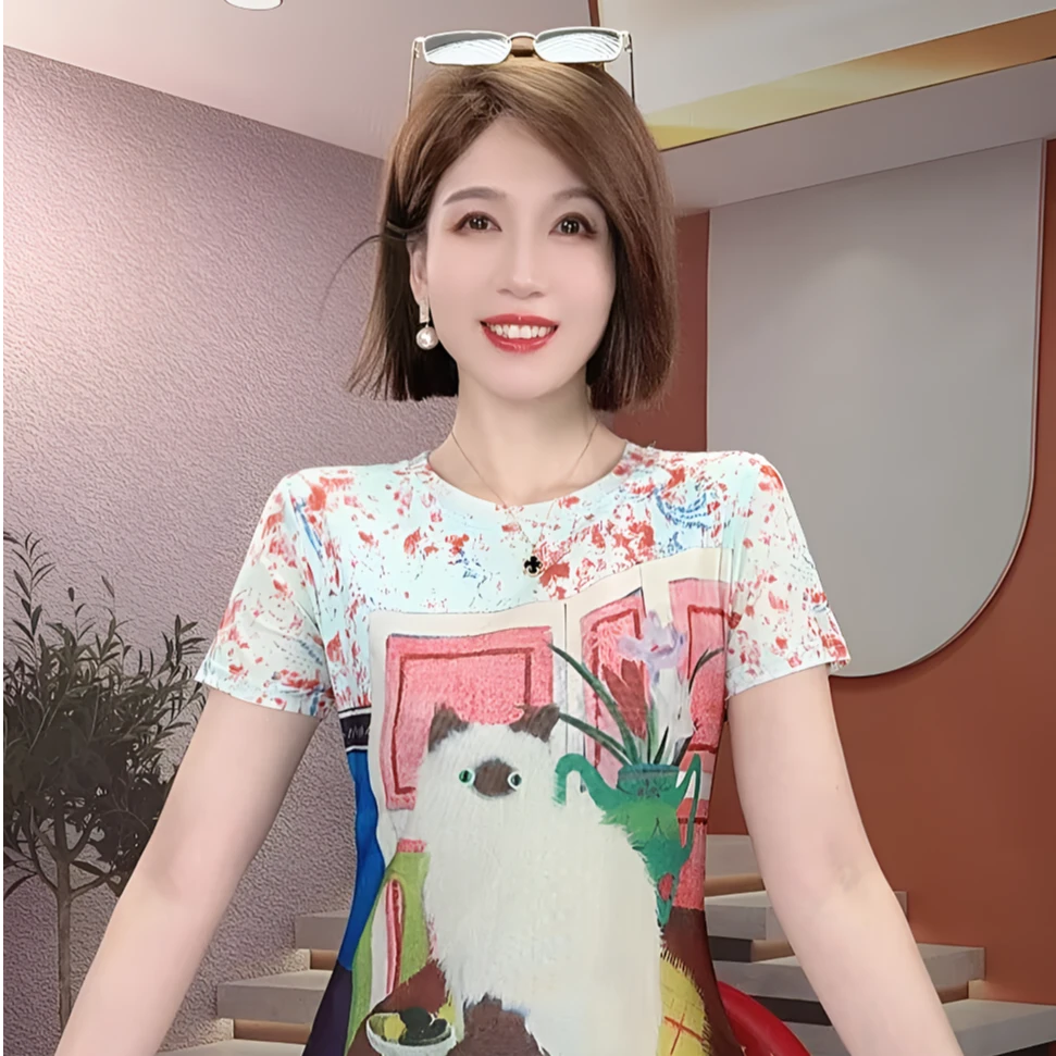 【睿萌女装】洋气网纱印花短袖t恤女夏季2025新款圆领修身显瘦上衣t