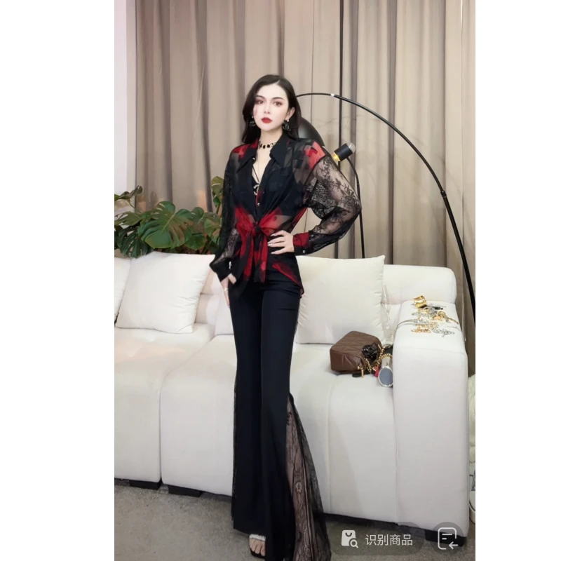 【YING FASHION】【干枯玫瑰】夏季时尚气质百搭花朵蕾丝衬衫 8020331