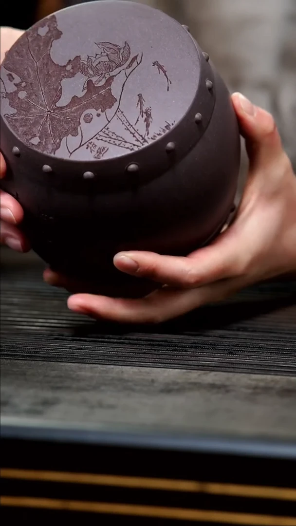 【闪购商品】紫砂茶壶天青鼓型刻绘款醒茶罐