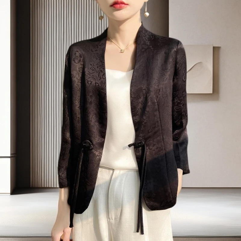 2025薄款V领西装百搭休闲宽松显瘦上衣西服中式国风气质短款外套