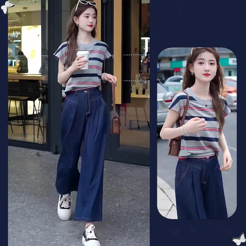 小众不撞款夏季新款撞色条纹设计款短袖上衣直筒牛仔裤顺E1485-