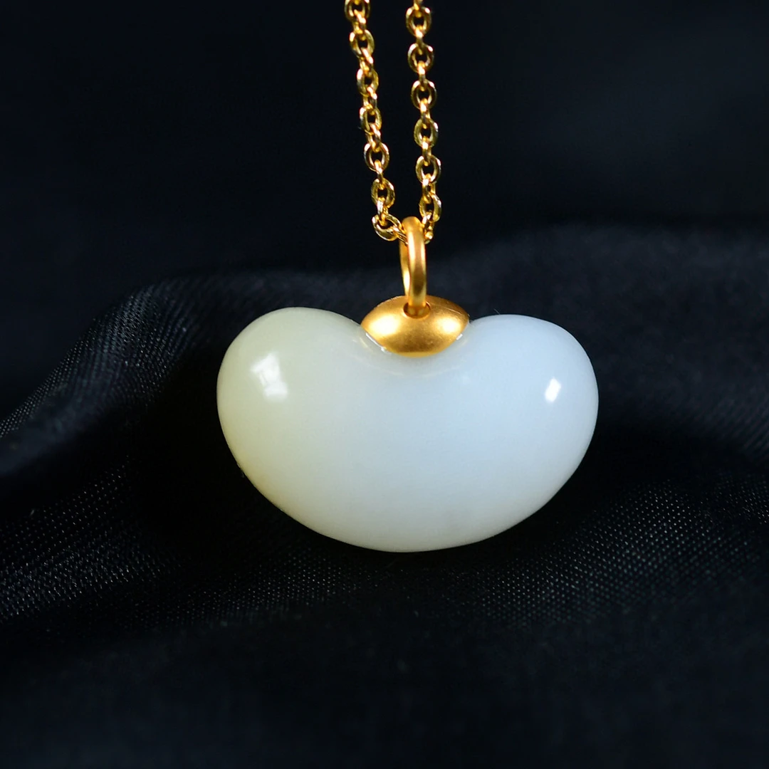 天然和田玉糖白元宝平安如意锁吊坠女士18k金镶嵌玉石项链锁骨链