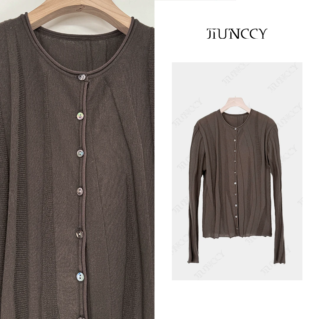 JIUNCCY【山川】羊毛混纺卷边不规则凹凸条纹理针织开衫 52YZZ098