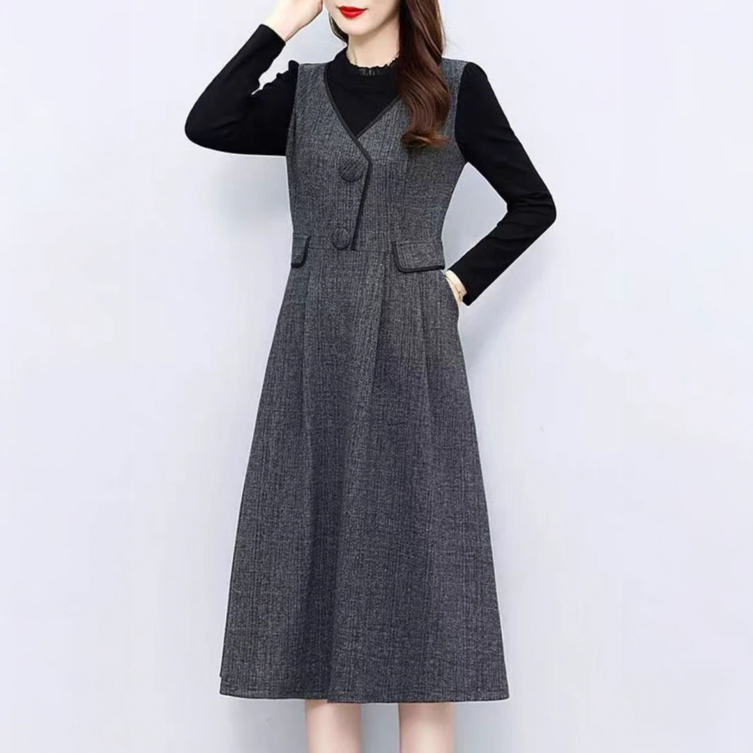 假两件连衣裙春季新款时尚气质减龄长袖拼接中长款打底收腰A字裙