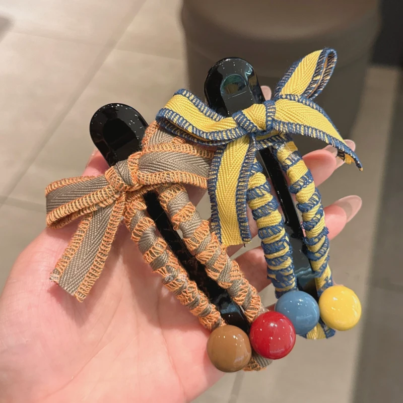 撞色球球蝴蝶结鸭嘴夹高级感2025新款发夹女半扎发一字抓夹鲨鱼夹