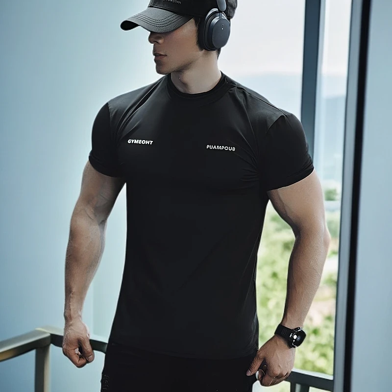 春夏运动短袖户外健身修身透气速干收袖口圆领跑步肌肉男短袖t恤