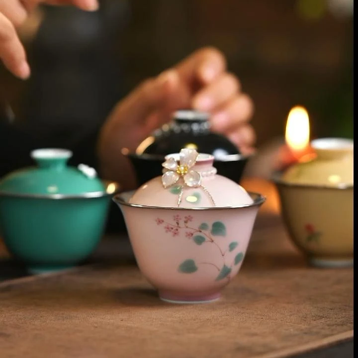 苍烟红朝颜瓷包银盖碗茶配件家用粉色手绘纯手工