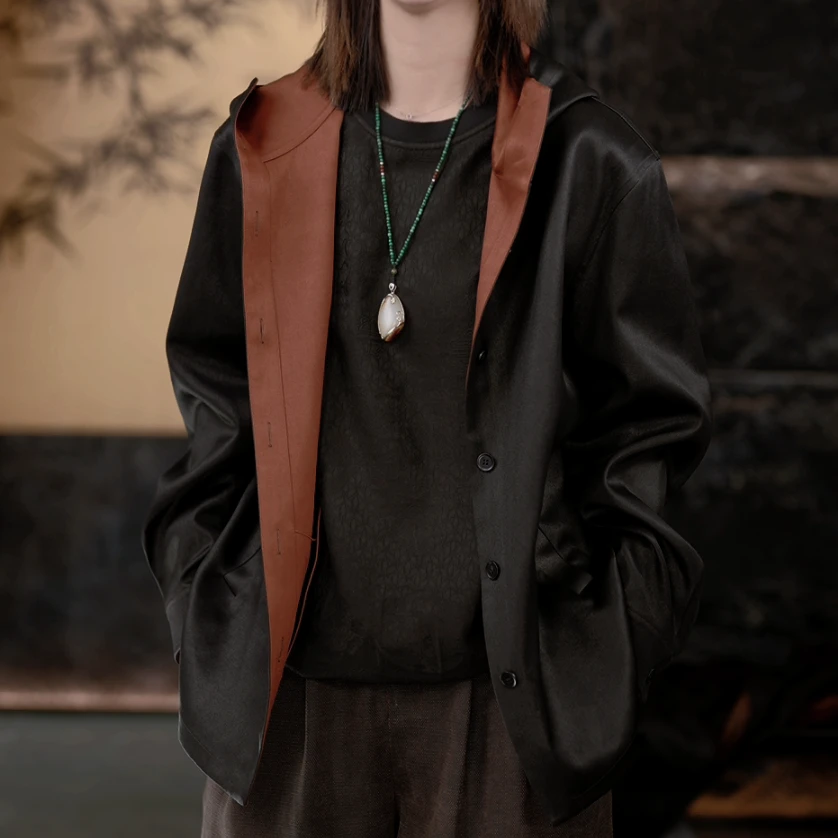 【再易】2025新款超重缎桑蚕丝香云纱男士休闲外套帽衫ZY0068S