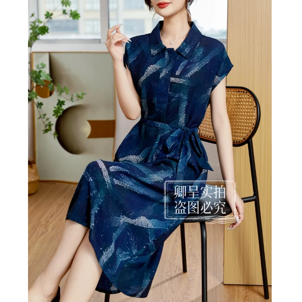 【全包边】Y1177撒金翻领连衣裙藏青色插肩袖系腰带显瘦时尚长裙