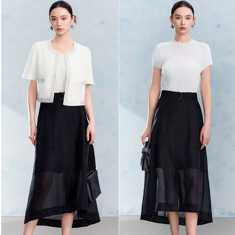 【商场同款】曼德诗亚麻天丝半身裙新款纯色百搭小黑裙女M207310189